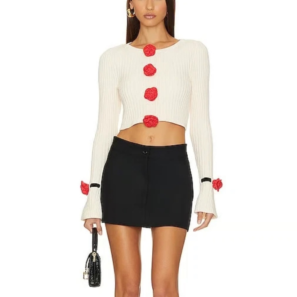 For Love & Lemons Roxana Cardigan Ribbed Knit Rosette Appliqus White Womens XS